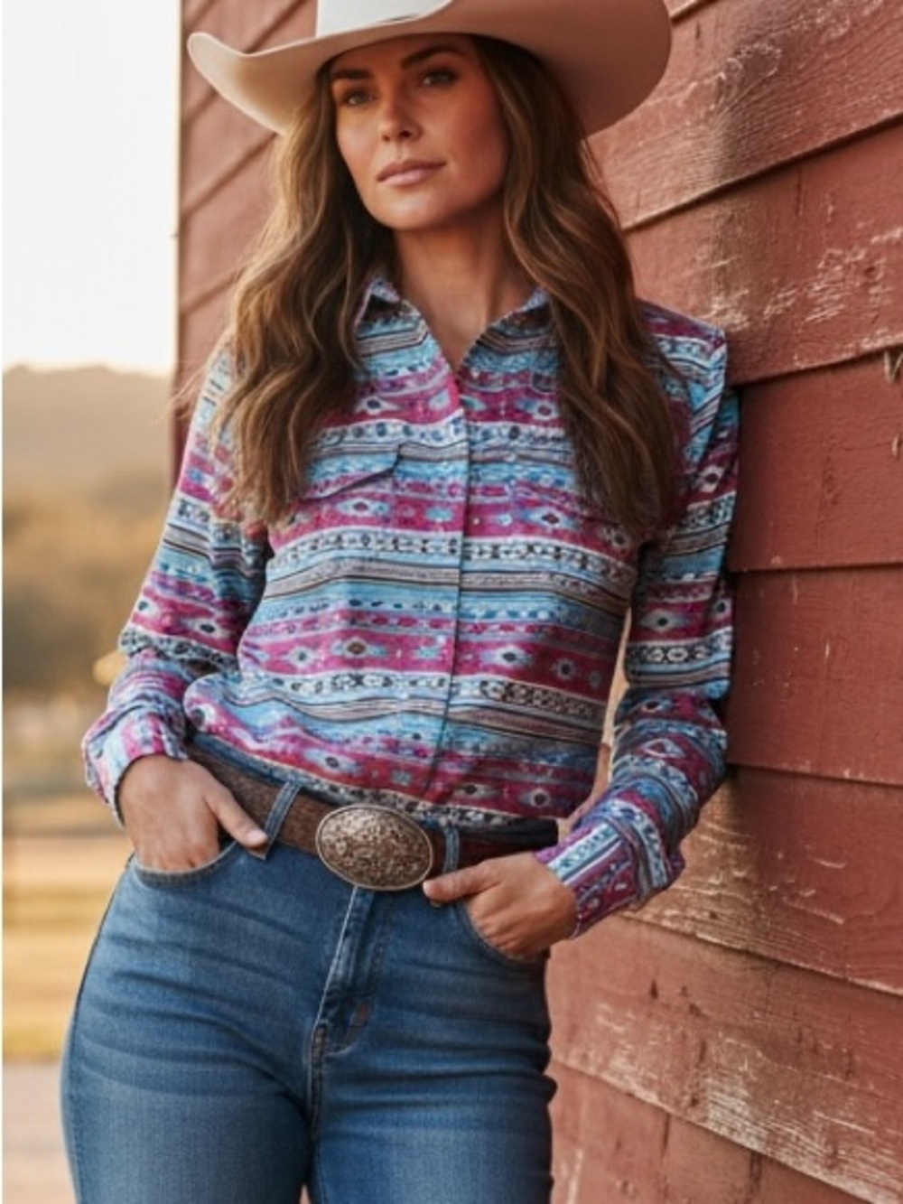 Vintage PANHANDLE Women’s Western-Style cowgirl Pink & Blue Patterned Shirt S